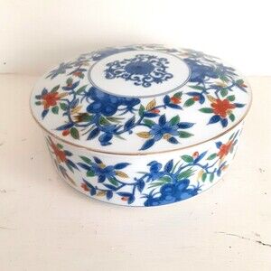 Vintage Asian Floral Porcelain Trinket Box with Lid blue peach birds 5"X2"